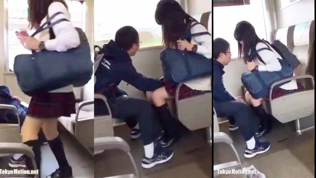 Schoolgirl on train lets her pussy be groped under her school skirt. AMATEUR PORN