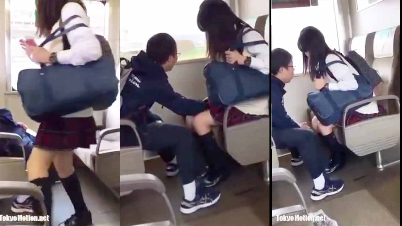Schoolgirl on train lets her pussy be groped under her school skirt. AMATEUR PORN