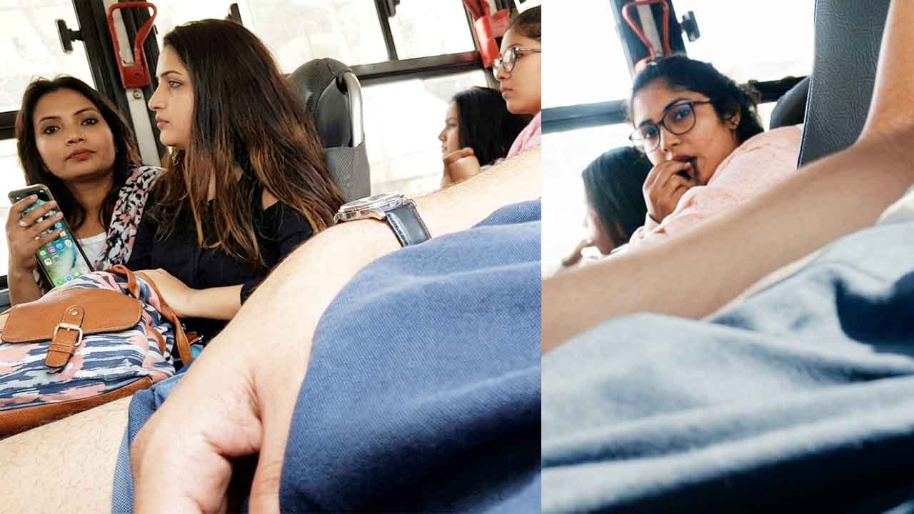 Teen girls caught staring at a guy's bulge on the public bus
