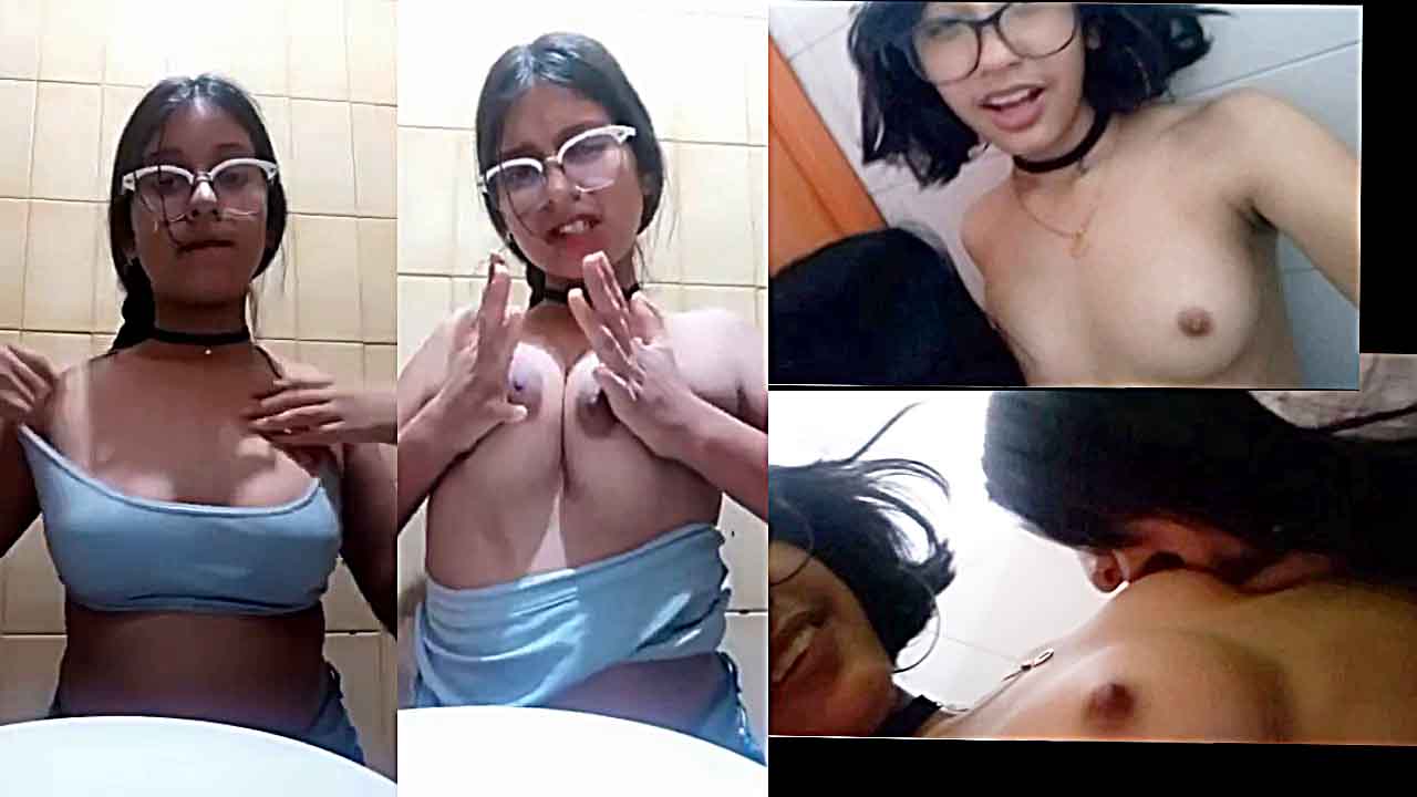 Teens nerd with glasses flash boobs in the school bathroom COMPILATION 1