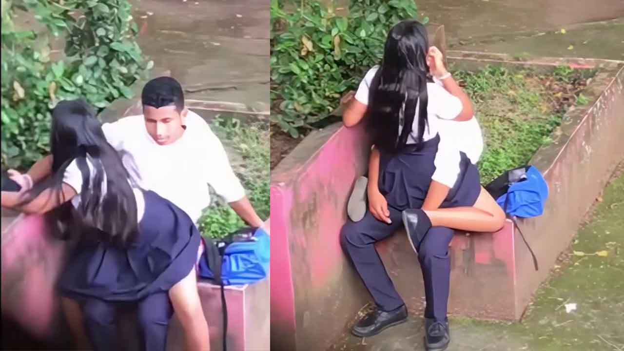 Horny schoolgirl misbehaves in public park with her school friend