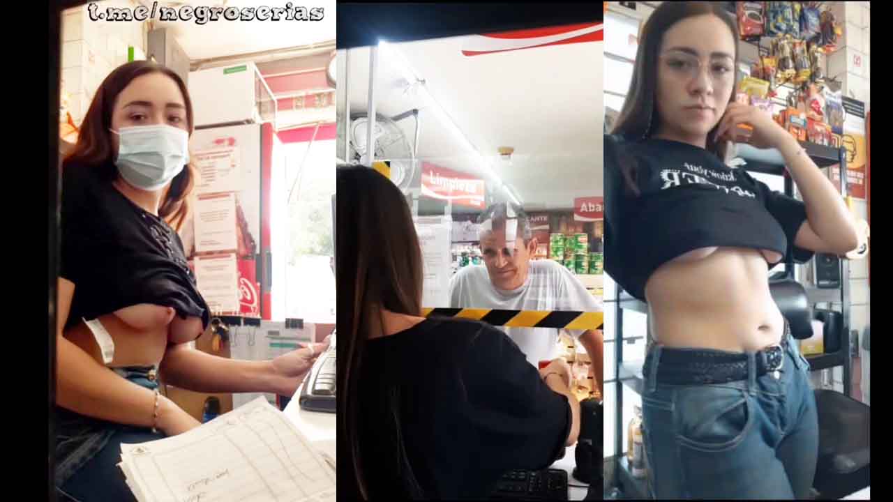Latina teen girl works in a store, showing her breasts to customers