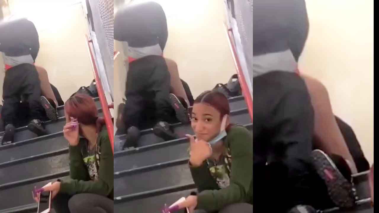 Drunk college students having sex on the school stairs