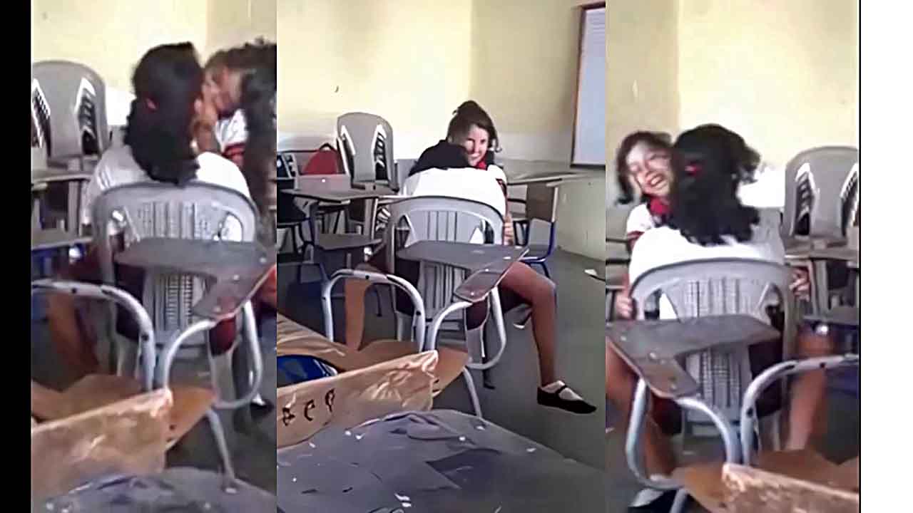 Bi schoolgirls experiment with girl-on-girl Lesbian kissing.