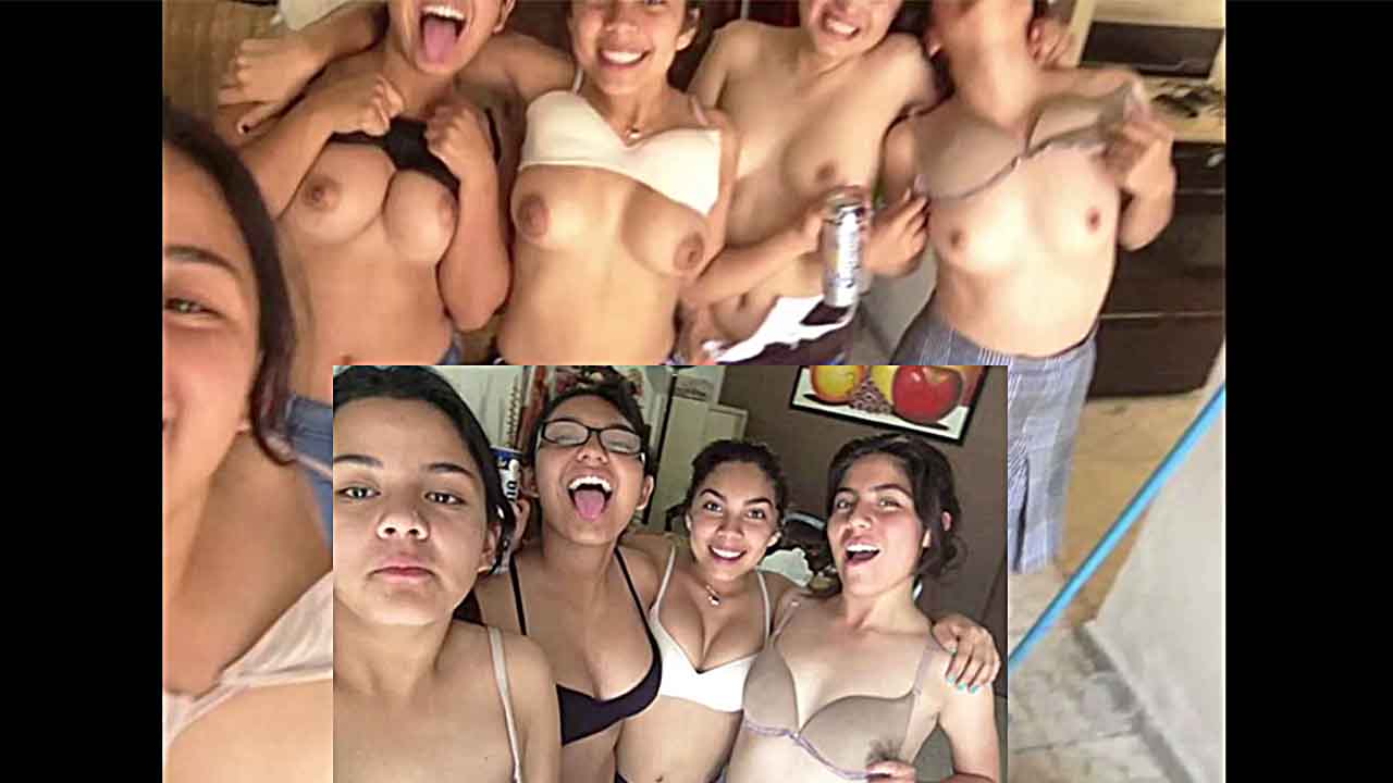 Slumber party of 6 Latina college girls, quick tits flash